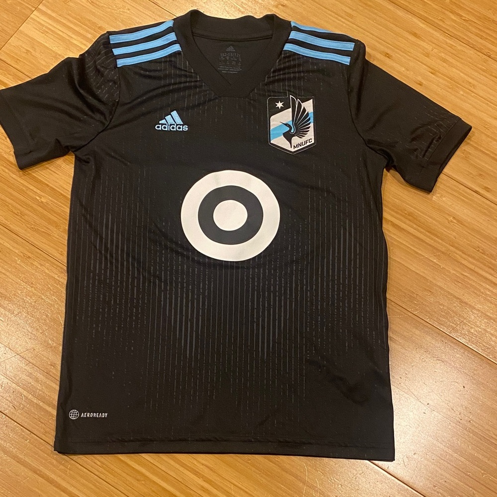 Official Adidas Minnesota united Black soccer Jersey with Light Blue Stripes
